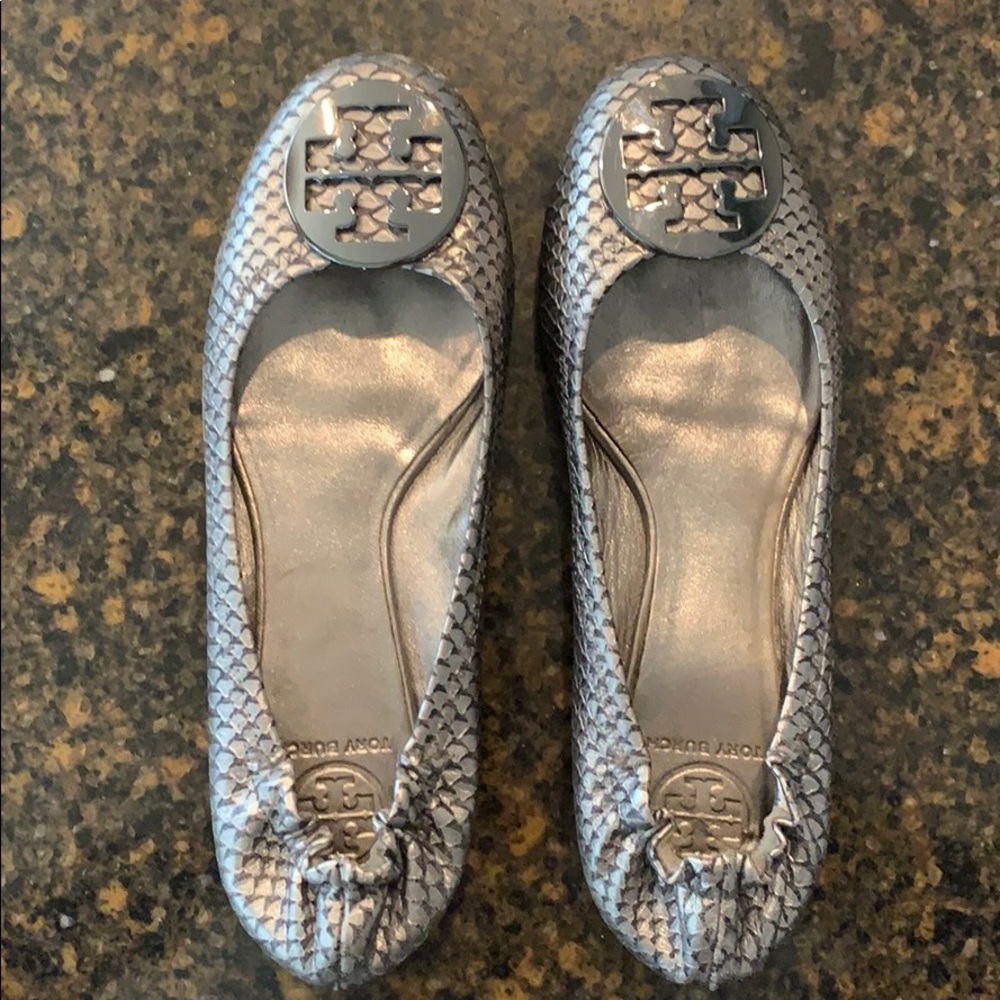 Tory Burch Snakeskin Silver Flats